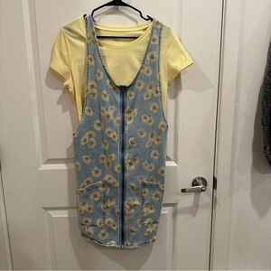 Floral Denim Overall Dress with Yellow Tee
